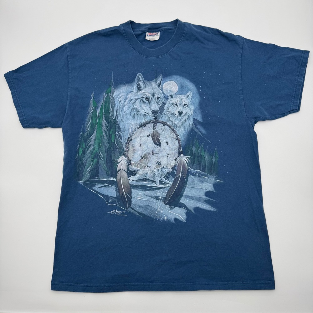 Vintage Hanes Beefy-T Wolf Dreamcatcher T-Shirt Blue Jody Bergsma Large